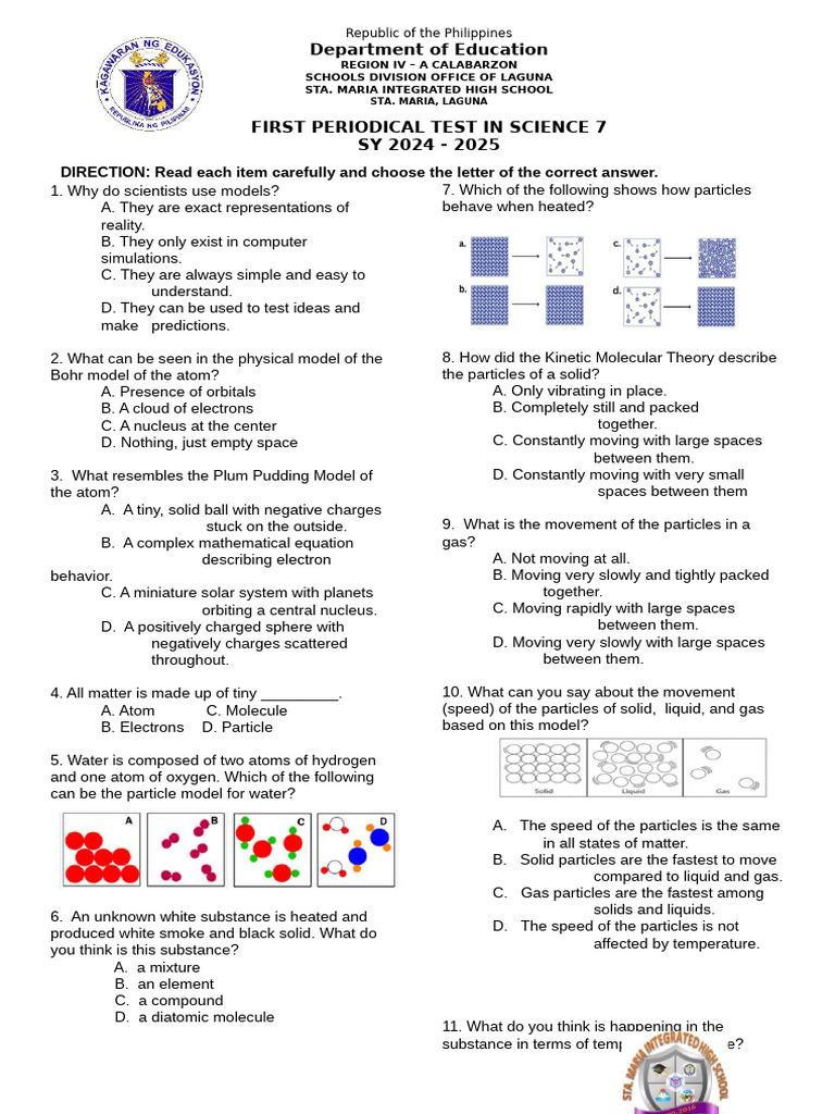 Grade 7 First Periodical Test Science 2025 | PDF | Chemical Substances ...