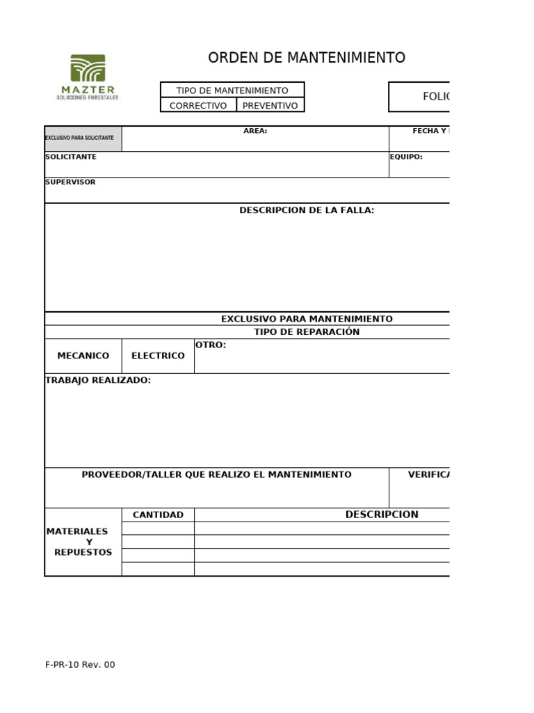 Formato de Orden de Mantenimiento | PDF