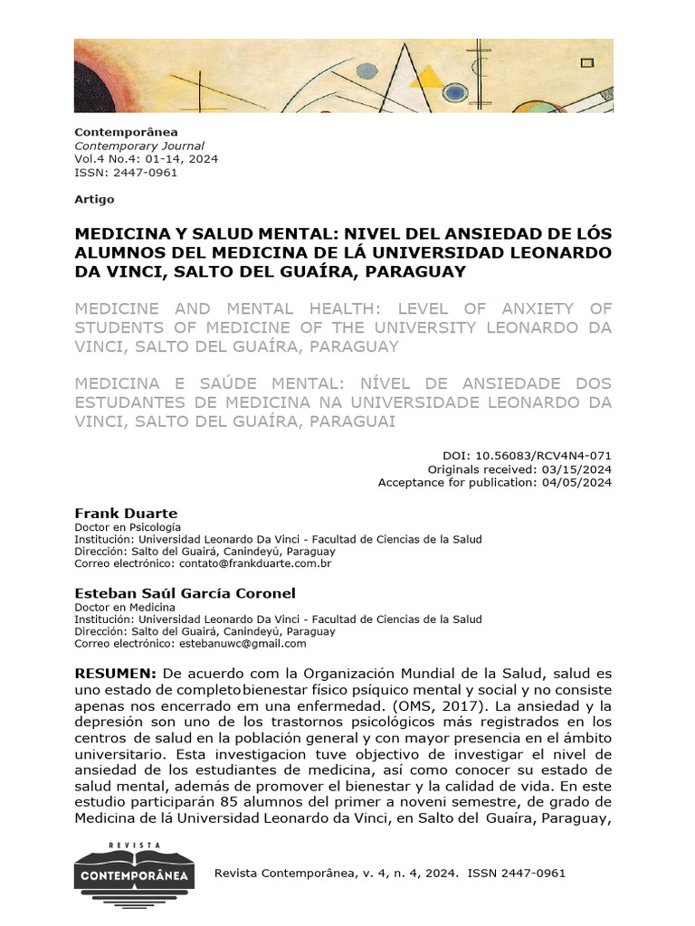 Ansiedad en Estudiantes de Medicina en Paraguay | PDF | Mente ...