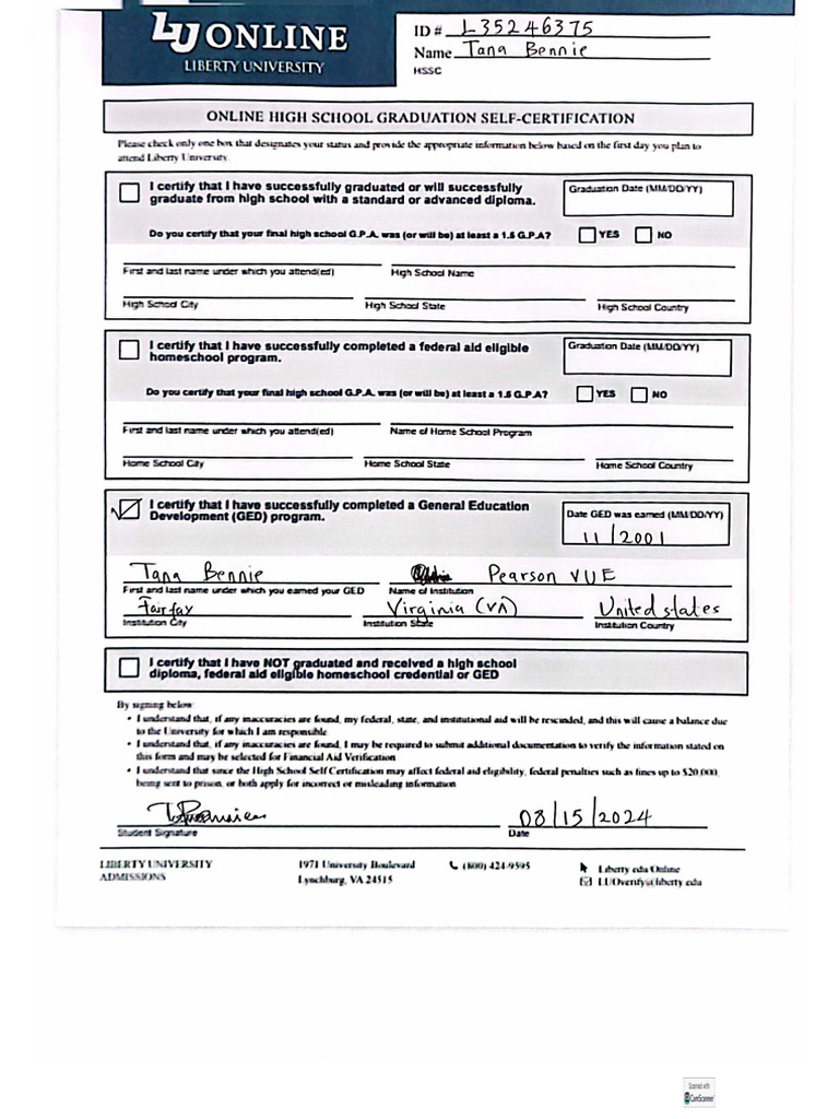 High School Self Certification Form | PDF