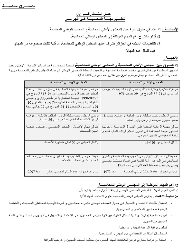 حل نشاط 2 تنظيم مهنة المحاسبة في الجزائر (1) | PDF