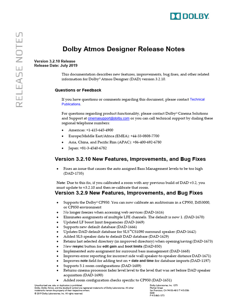 Dolby Atmos Designer Release Notes v3.2.10 | PDF | Loudspeaker | System ...