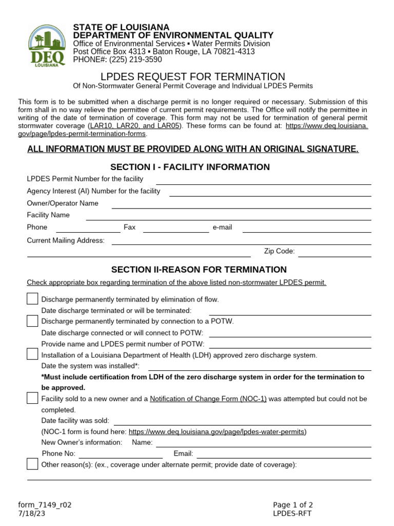 LPDES Permit Termination Request Form | PDF | Justice | Crime & Violence
