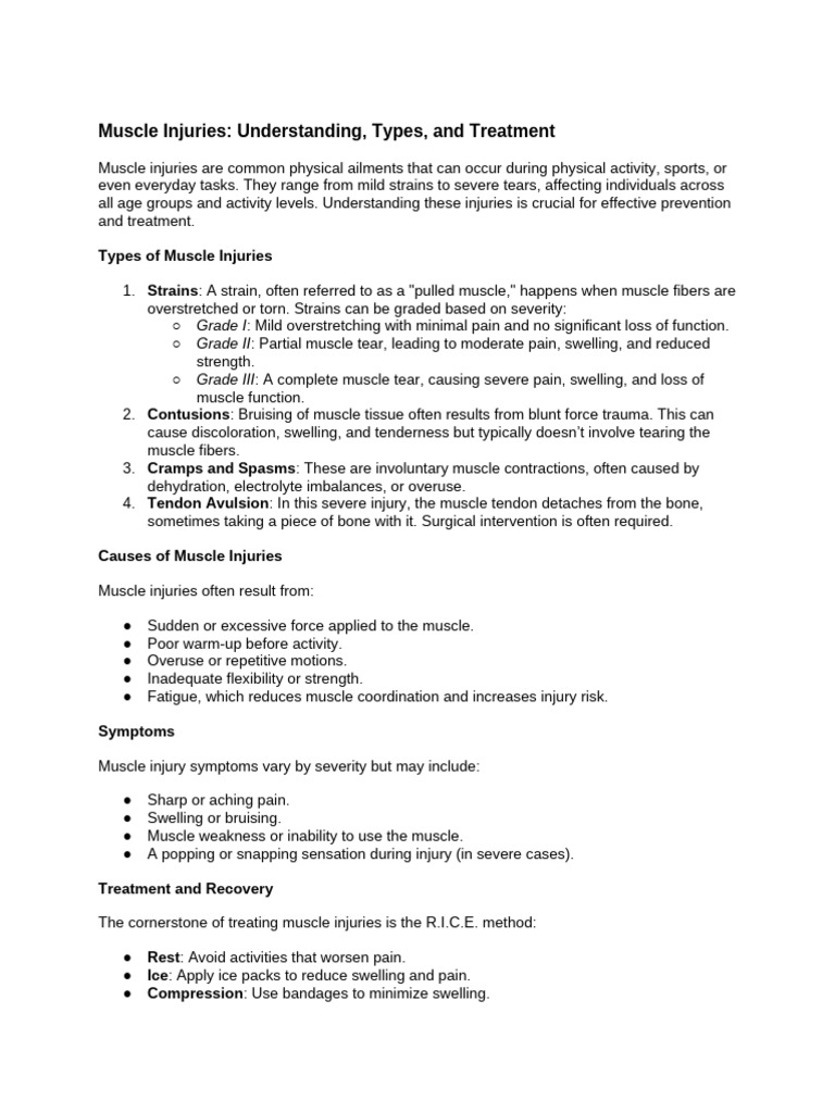 Muscle Injury Types and Treatments Guide | PDF | Pain | Musculoskeletal ...