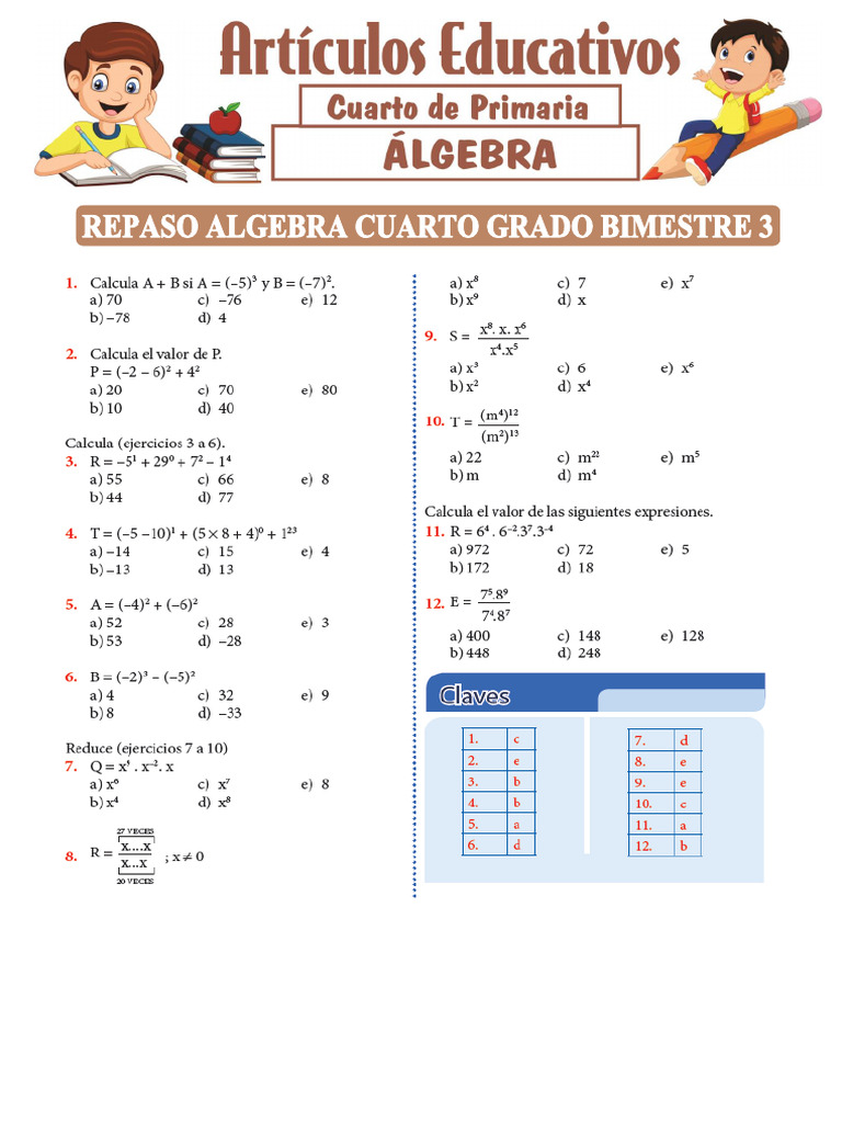 Repaso Algebra Cuarto Grado Bimestre 3 para Cuarto de Primaria | PDF