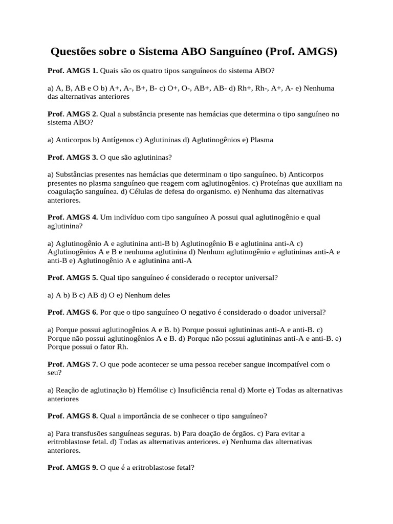Questões Sobre o Sistema ABO Sanguíneo | PDF | Tipo sanguíneo | Hemácia