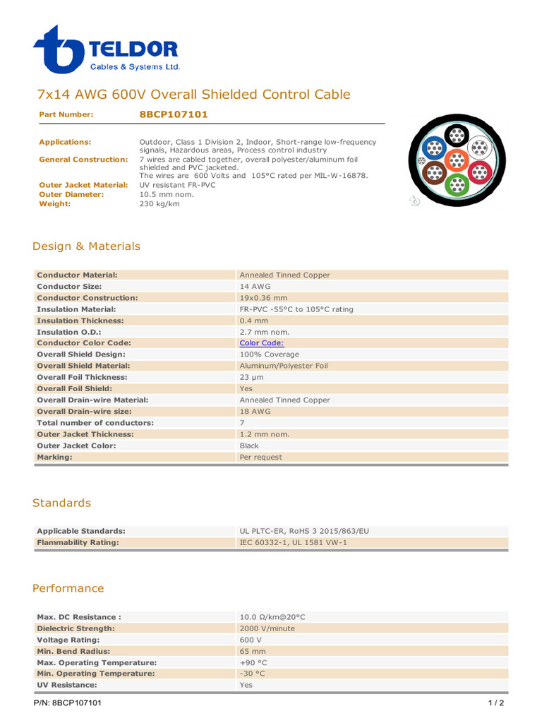 7x14 AWG 600V Overall Shielded Control Cable 8BCP107101 V 1 R 3 | PDF ...