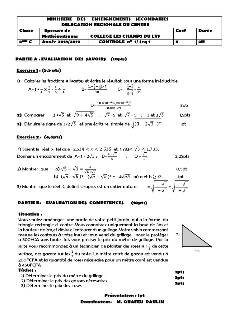 Contrôle de Mathématiques 2nde C 2018/2019 | PDF