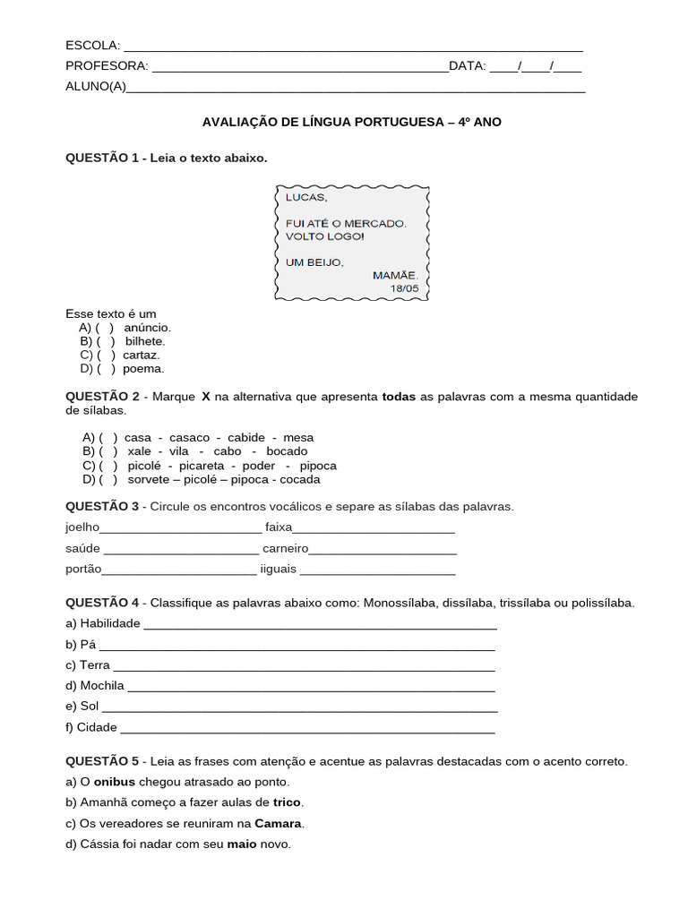 Avaliação de Língua Portuguesa - 4º Ano | PDF | Sílaba | Fonética