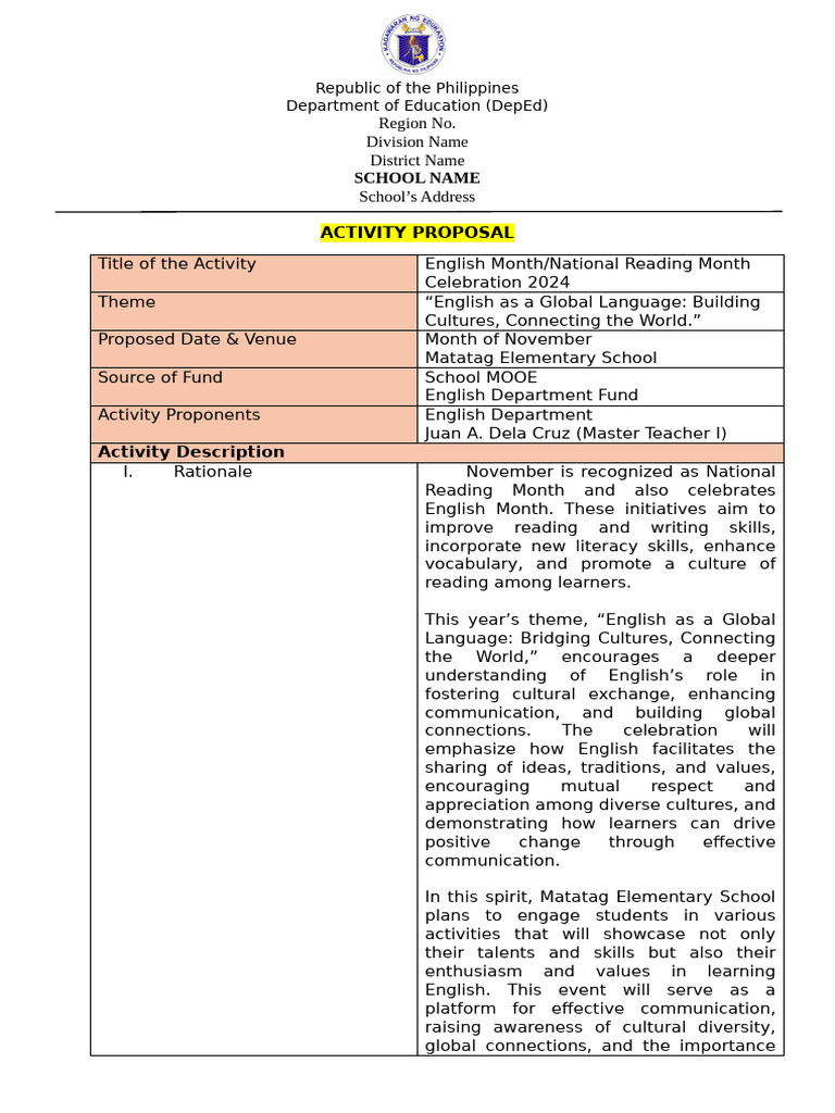 English Month Celebration Proposal 2024 | PDF | Literacy | English Language