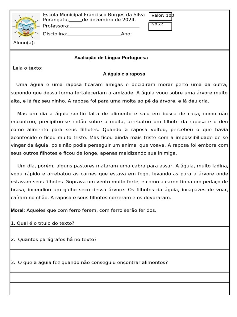 Avaliação de Língua Portuguesa 4 Bimestre (2) | PDF
