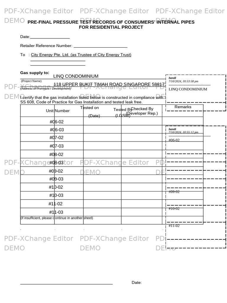 Pressure Test Records for Gas Installation | PDF | Gases | Mechanical ...