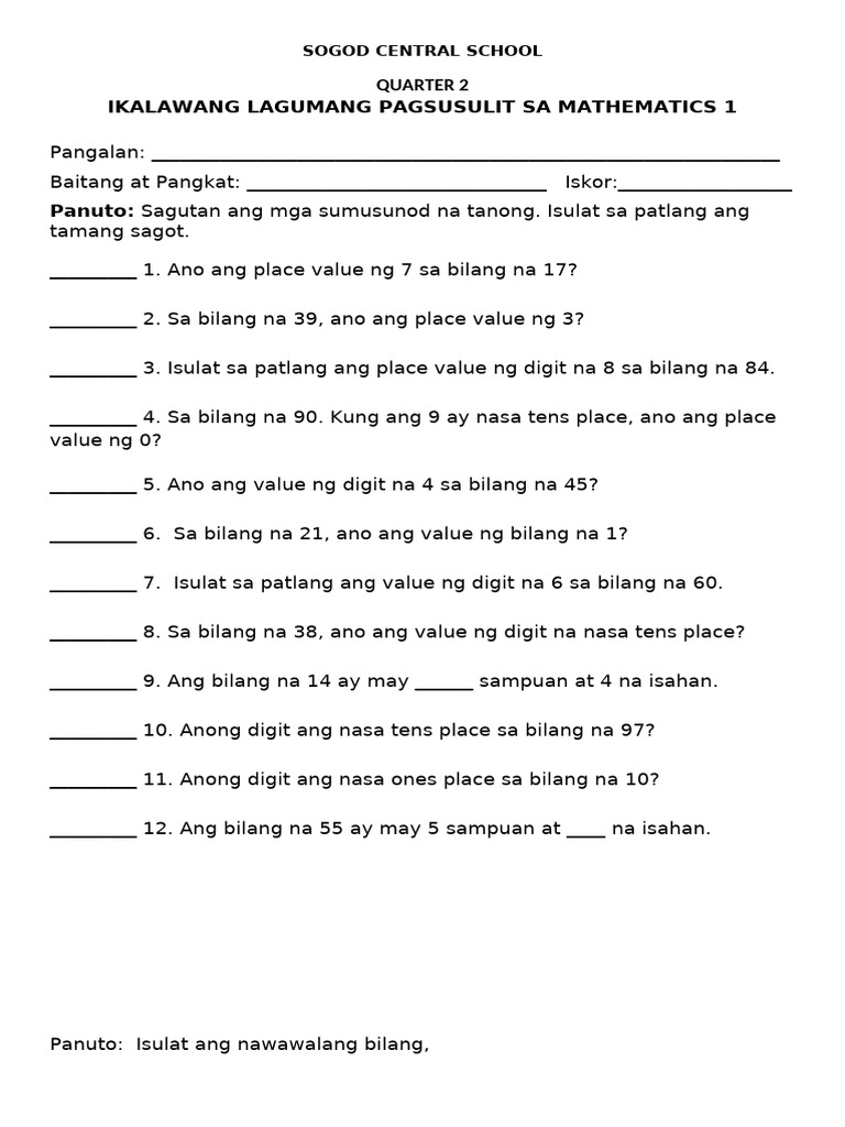 Q2 2nd SUMMATIVE TEST IN MATH 1 2 | PDF