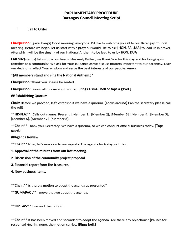 Parliamentary Procedure Script | PDF | Agenda (Meeting)