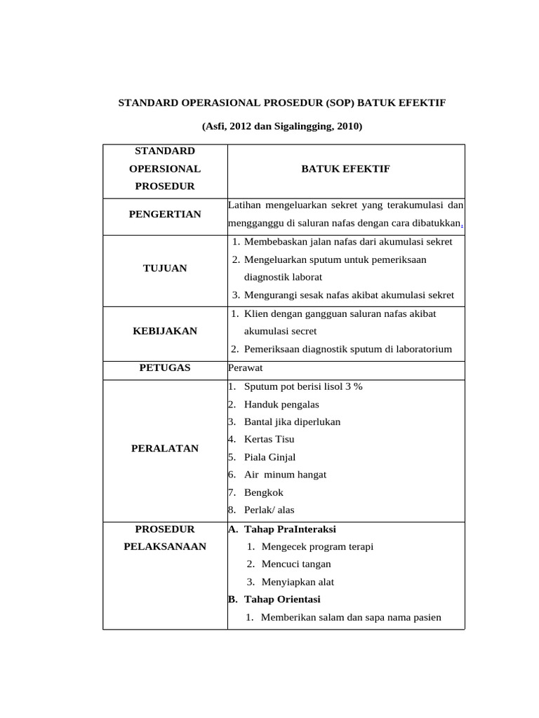 STANDARD OPERASIONAL PROSEDUR Batuk Efektif | PDF