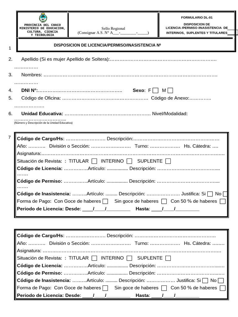 21-FORMULARIO-DL-01-Disposicion-Licencia a4 | PDF