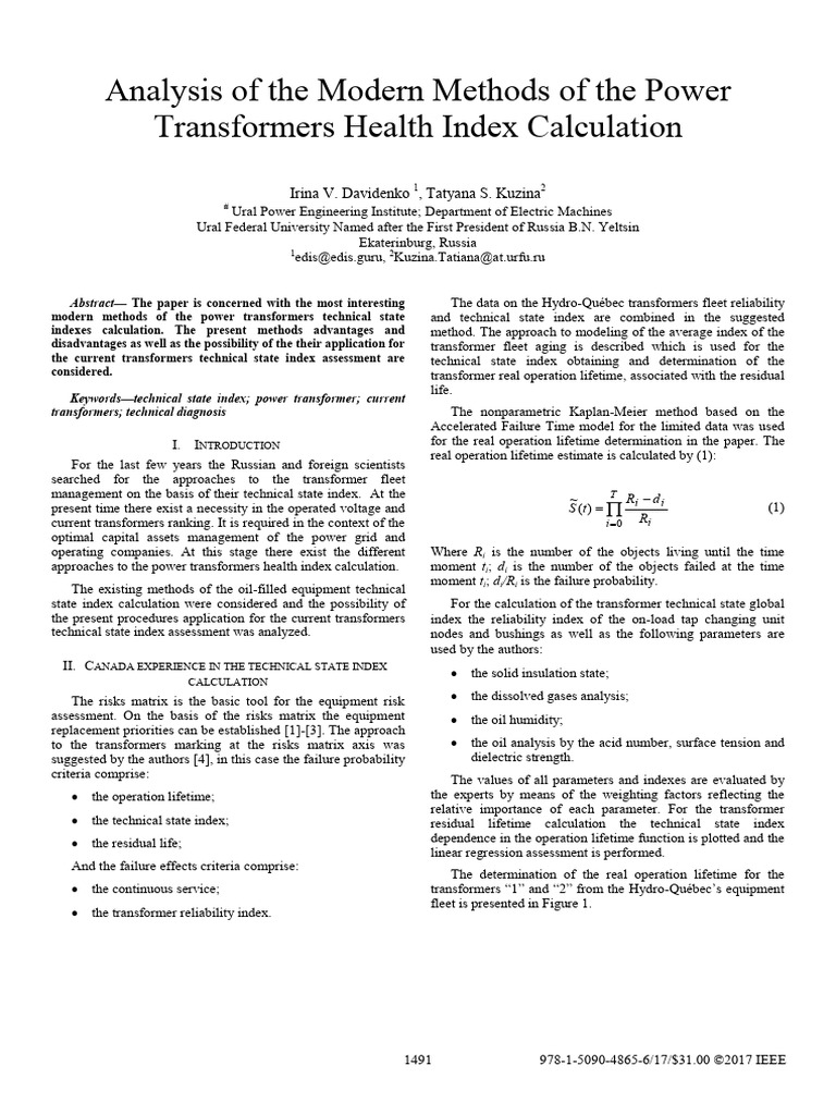 Analysis of the modern methods of the power transformers health index