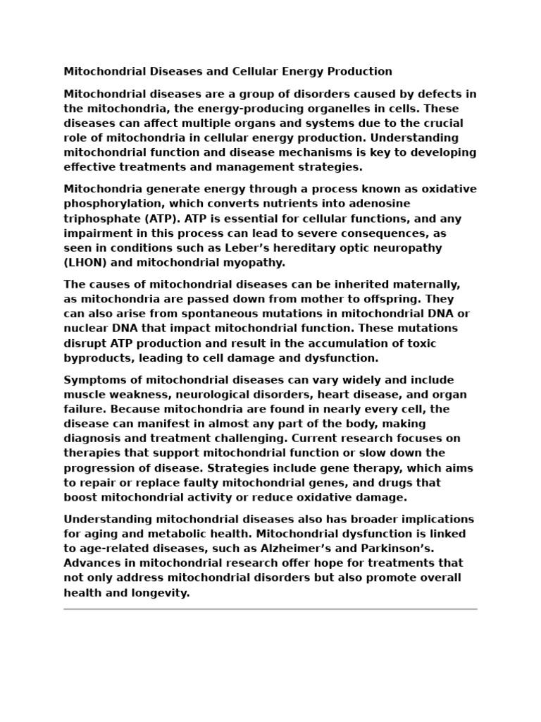 Mitochondrial Diseases and Cellular Energy Production | PDF
