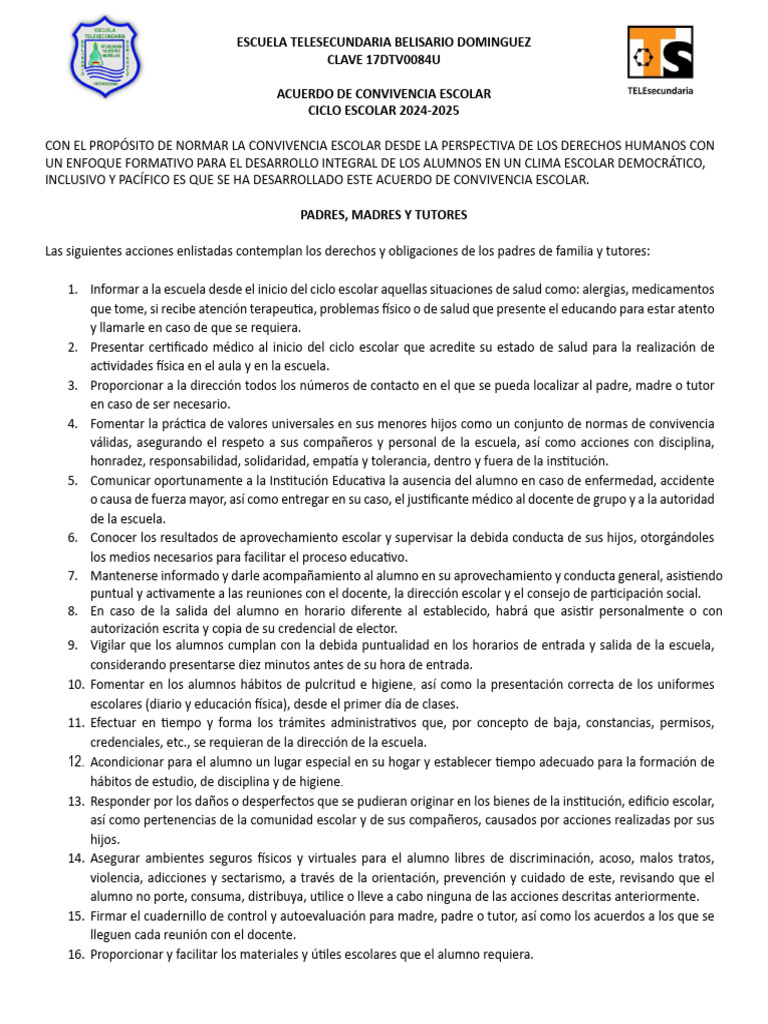 Acuerdo de Convivencia Escolar - Padres | PDF | Escuelas