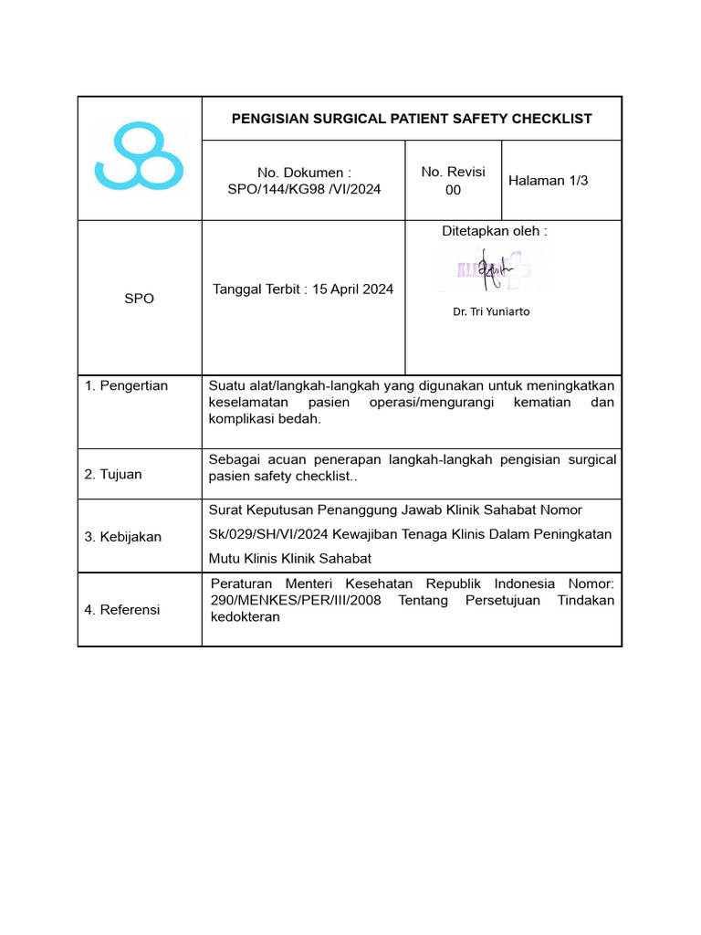 SOP PENGISIAN SURGICAL PATIENT SAFETY CHECKLIST GRD.docx (1) | PDF