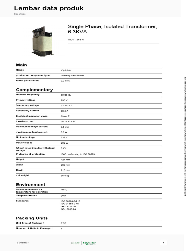 Transformator Isolasi 6.3 kVA IMD-IT-S63-H | PDF