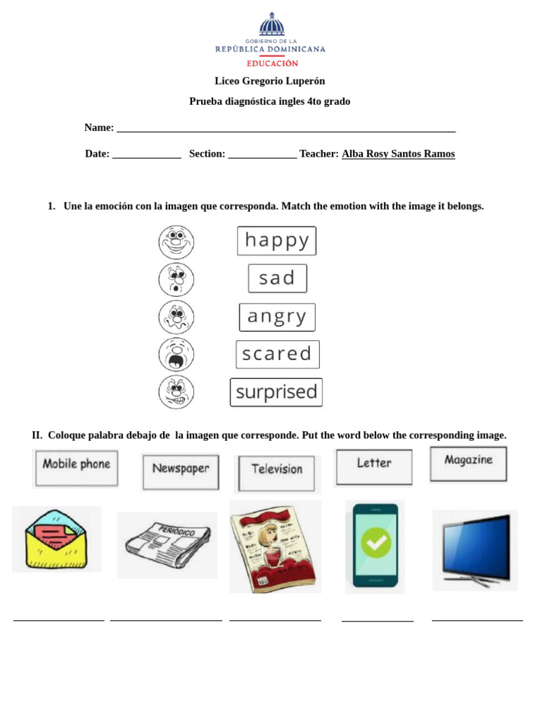 Prueba Diagnóstica de Inglés 4to Grado | PDF