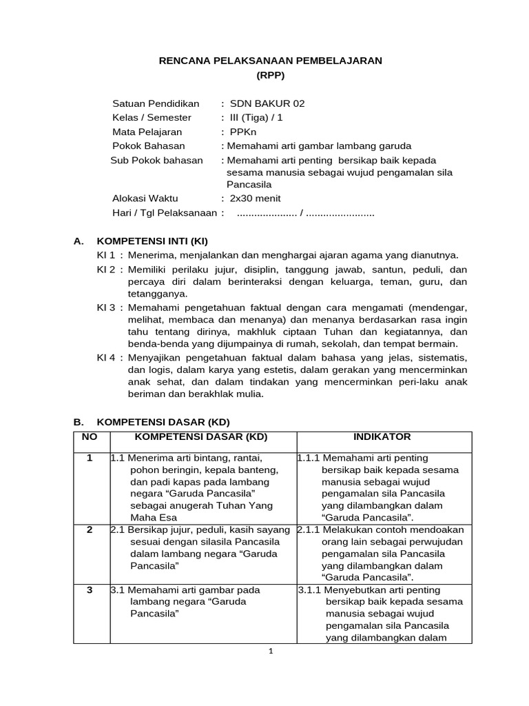 RPP PPKn Kelas III: Arti Garuda Pancasila | PDF