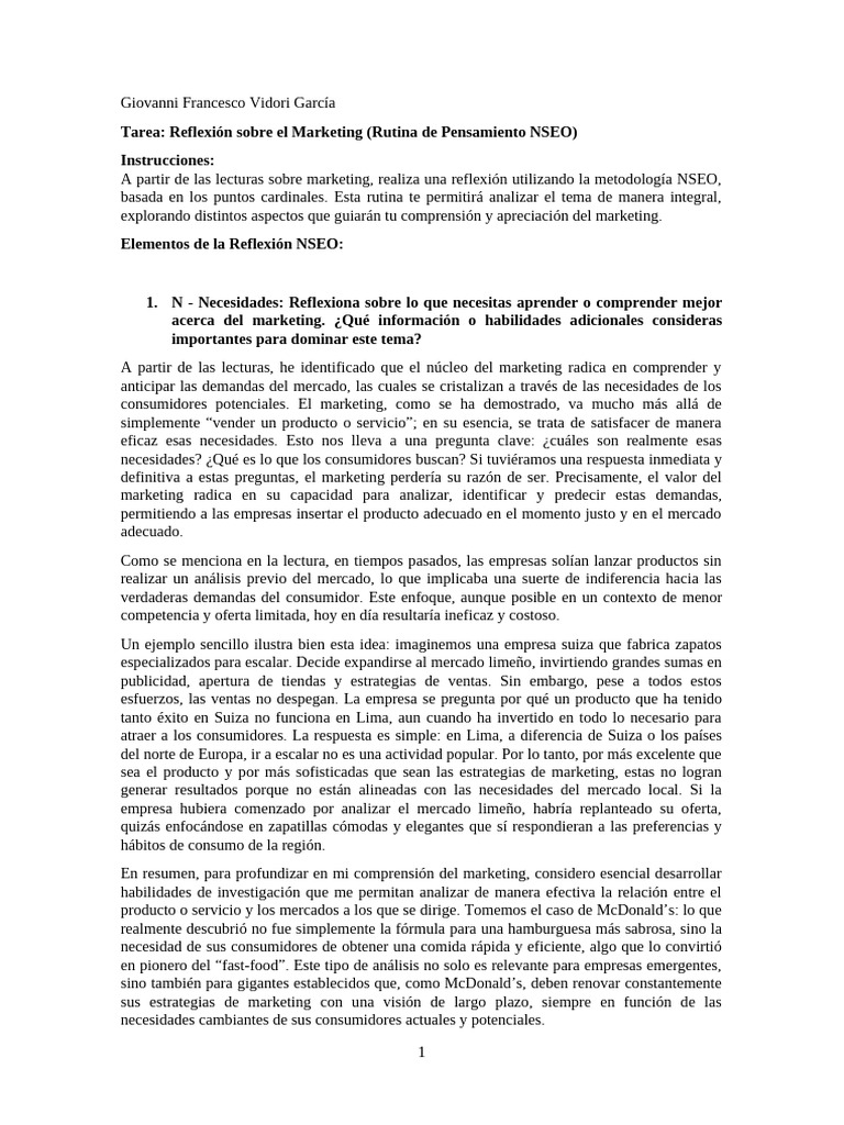 Vidori - Giovanni - Tarea - Reflexión Sobre El Marketing (Rutina de ...