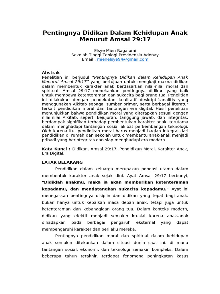 Didikan Anak Menurut Amsal 29:17 | PDF