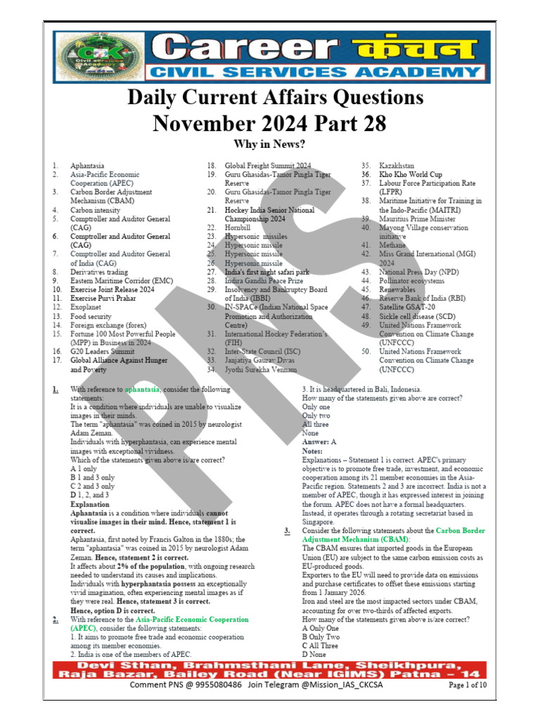 Daily Current Affairs Quiz - Nov 2024 | PDF | Missile | Hypersonic Speed