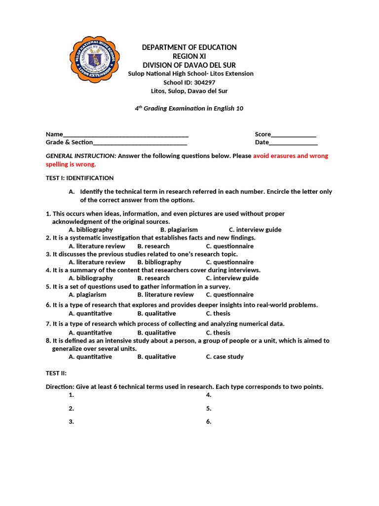 4th Periodical Test | PDF