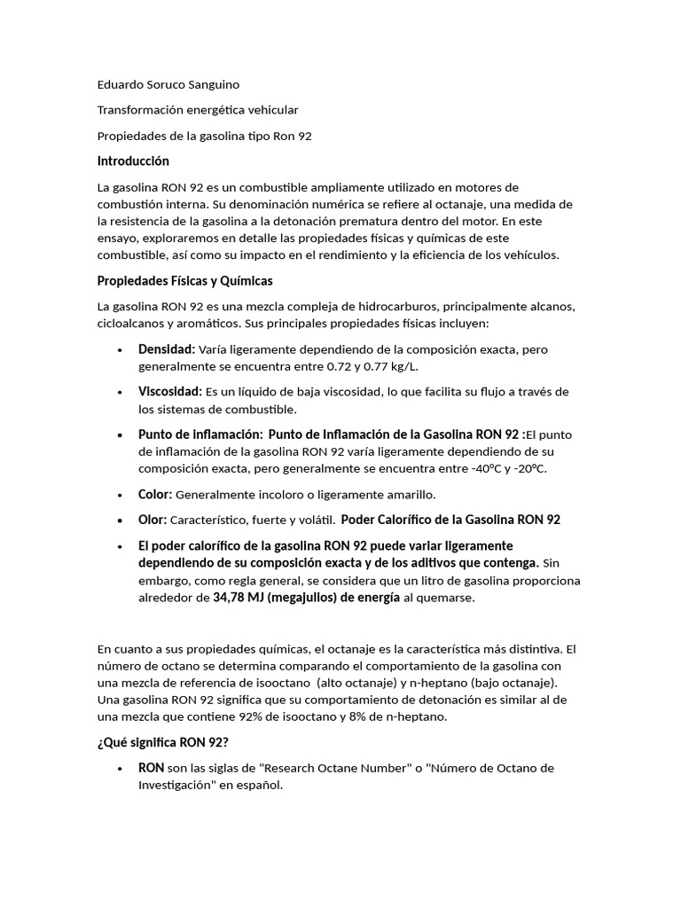 Propiedades de la Gasolina RON 92 | PDF | Gasolina | Combustible diesel