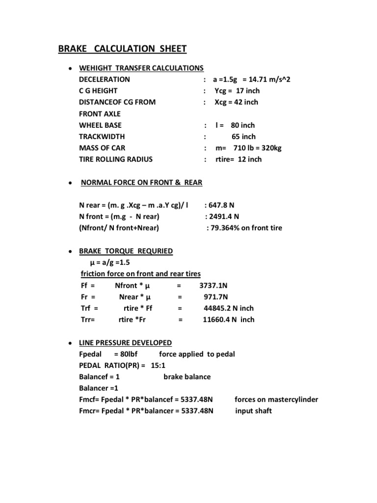 Brake Calculation Sheet | PDF