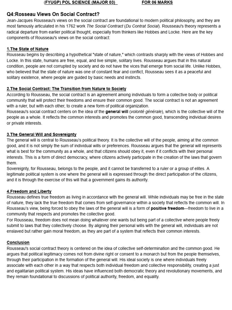 Q4 - Rosseau Views On Social Contract | PDF | Social Contract | Jean ...