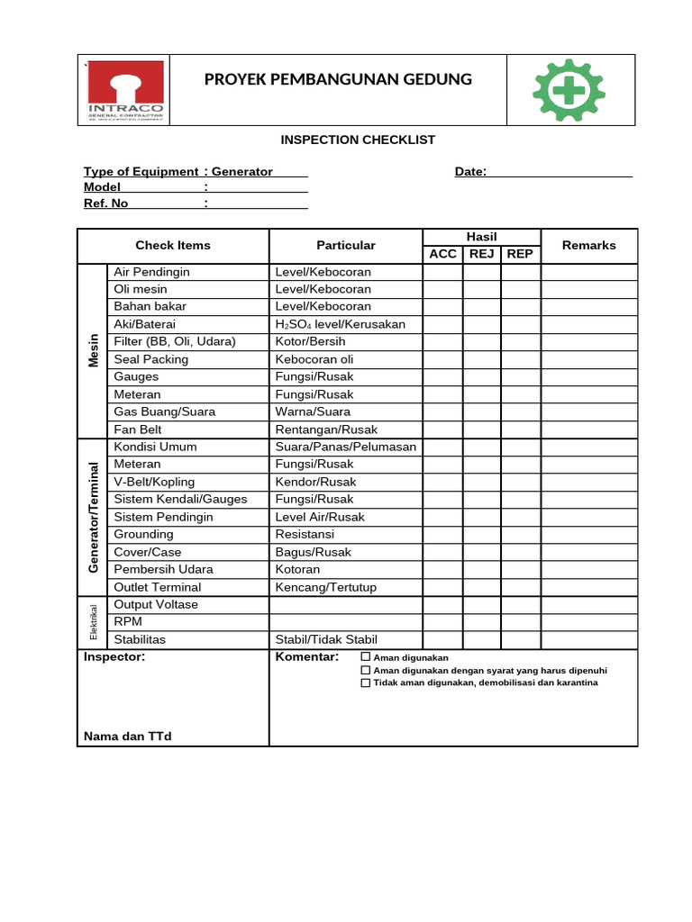 Checklist Inspeksi Generator Gedung | PDF