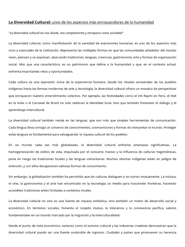 Importancia de la Diversidad Cultural | PDF | Desarrollo sostenible ...