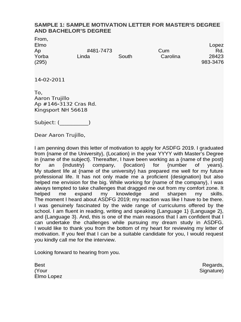 Motivation Letter, SAMPLE 1 | PDF