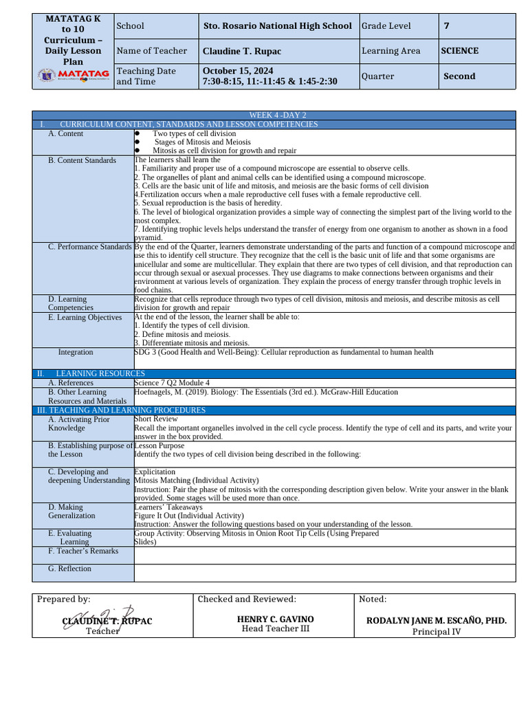Oct 15, 2024 MATATAG-SCI-7-DLL-FORMAT | PDF | Cell (Biology) | Sexual ...