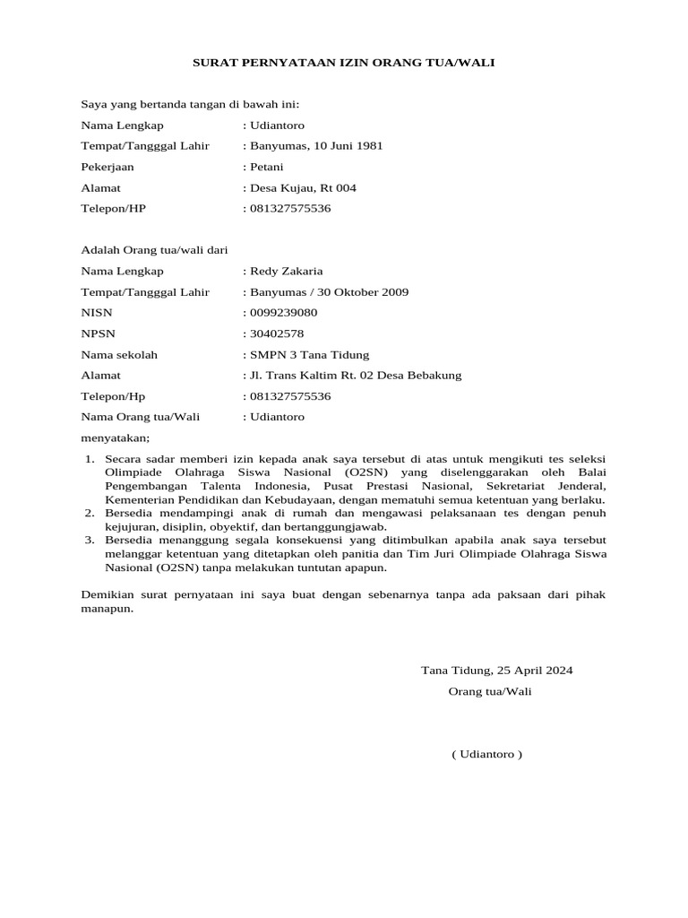 Surat Izin Orang Tua untuk O2SN | PDF