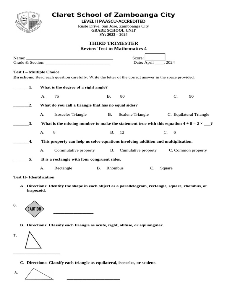 2nd Review Test in Math 4 | PDF | Rectangle | Triangle