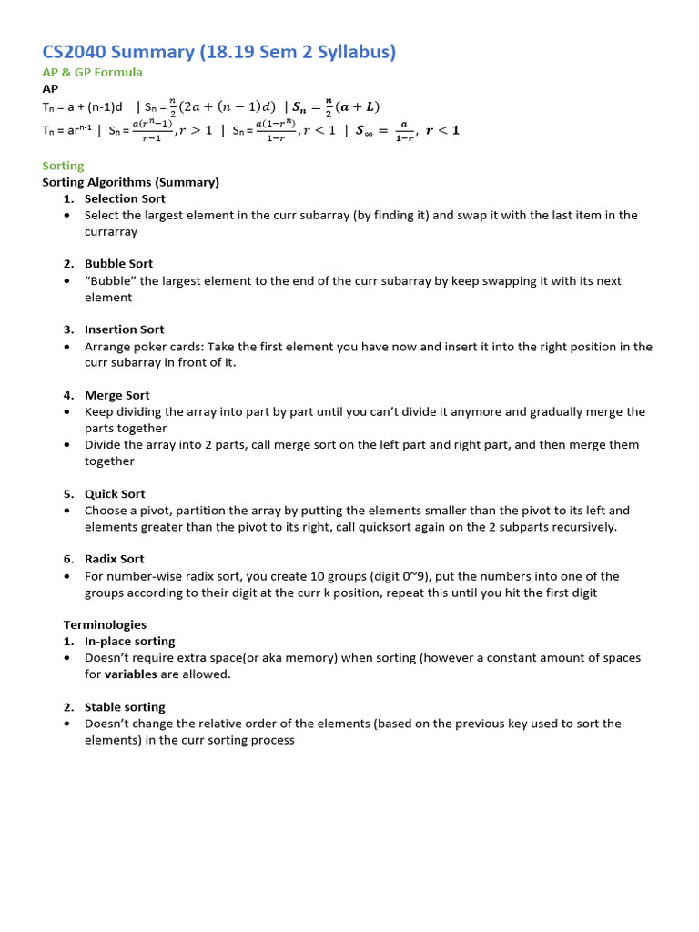 CS2040 Summary | PDF | Discrete Mathematics | Algorithms And Data ...