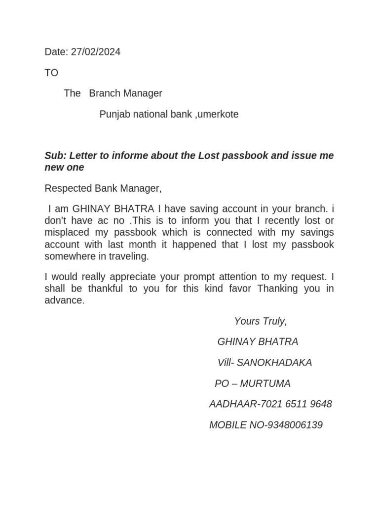 Pass Book Lost Format | PDF
