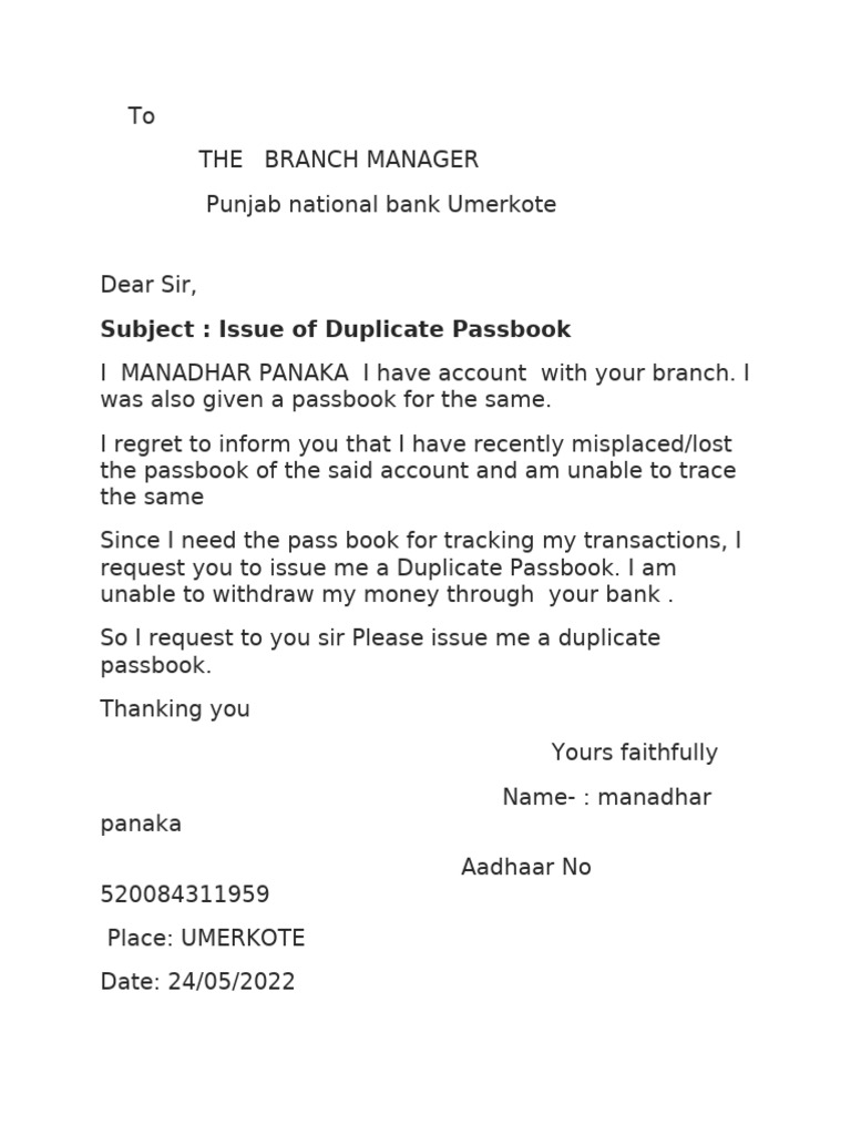 Duplicate Passbook Request Letter | PDF