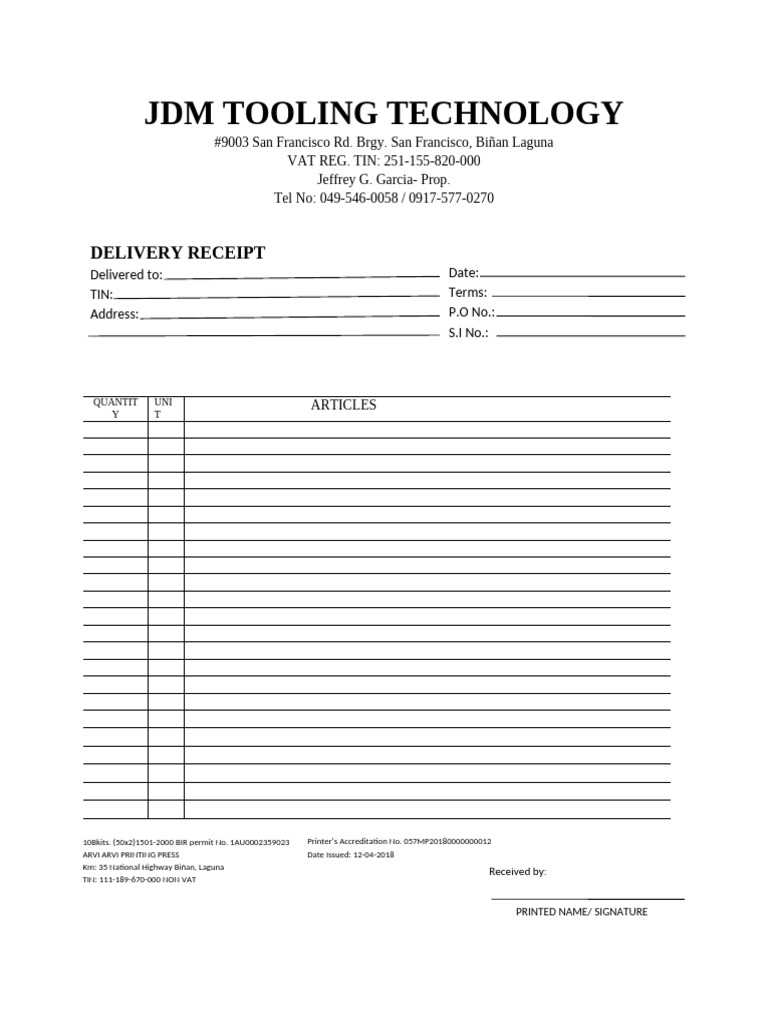 Delivery Receipt for Printing Press | PDF