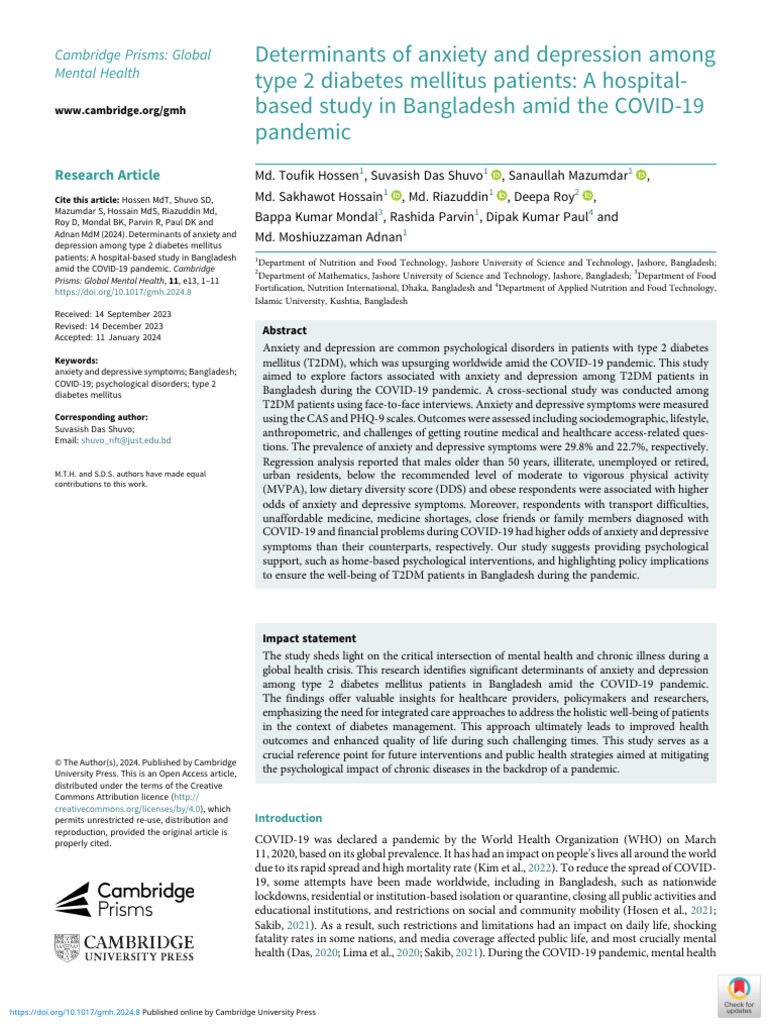Determinants of Anxiety and Depression Among Type 2 Diabetes Mellitus ...