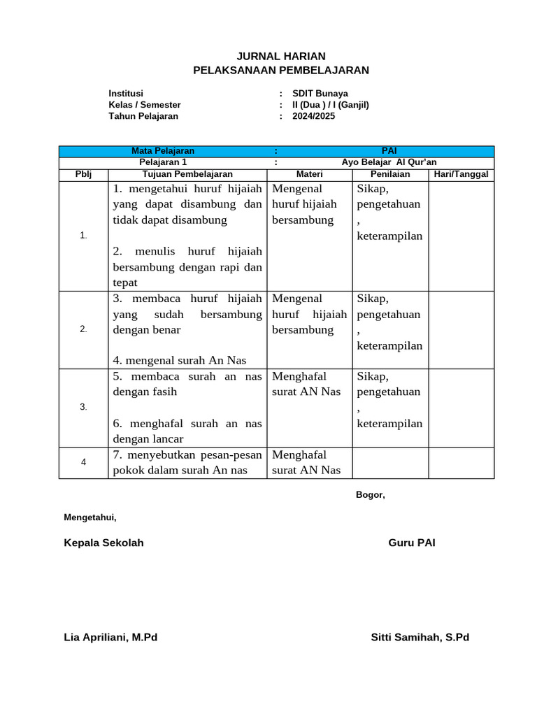 Jurnal Harian PAI Kelas 2 Semester 1 | PDF