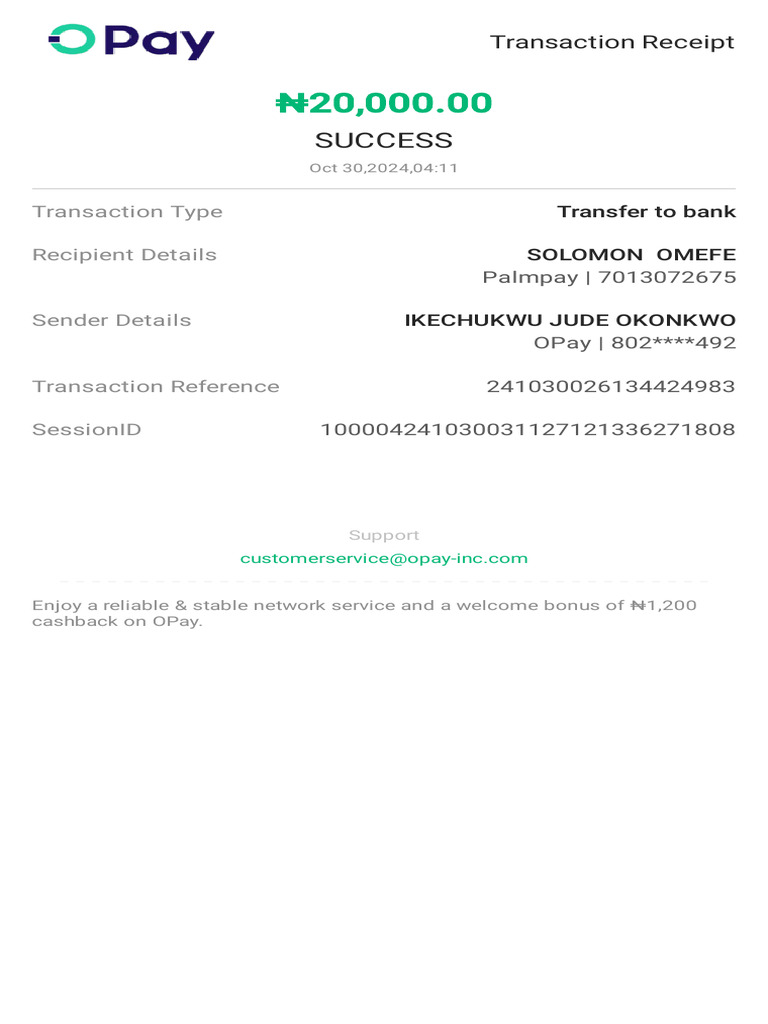 Successful Transaction Receipt - OPay | PDF