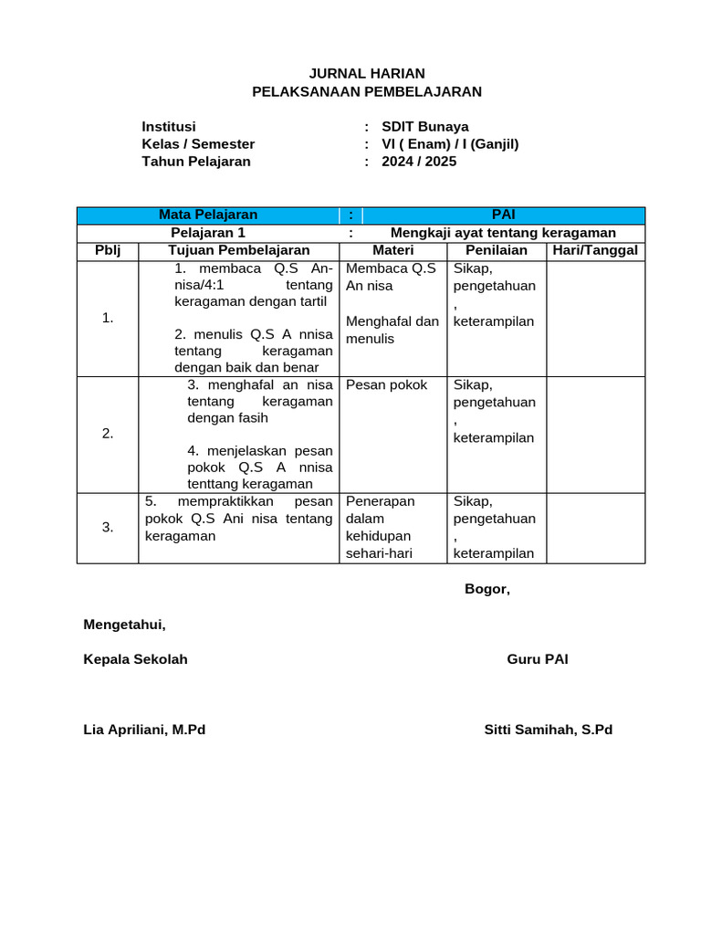 Jurnal Harian PAI Kelas 6 Kurikulum Merdeka | PDF