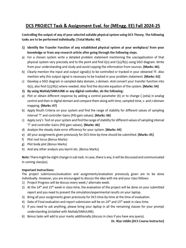 DCS Project Evaluation for MEngg EE Fall 2024 | PDF | Control Theory ...