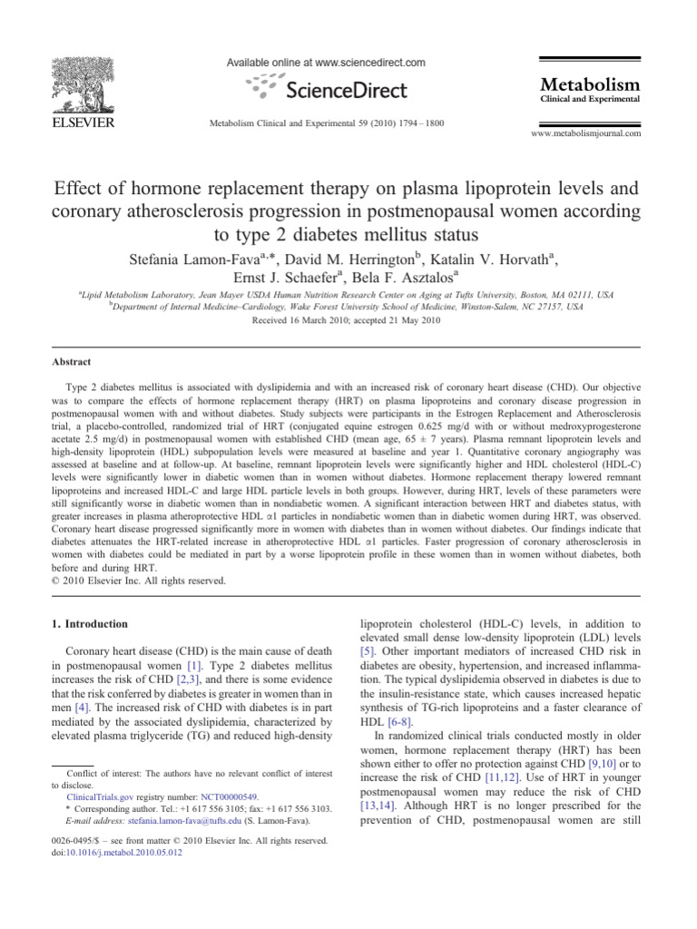 Effect of Hormone Replacement Therapy On Plasma Lipoprotein Levels and ...
